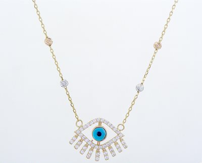 שרשרת זהב ''עין וריסים'' משובצת זרקונים וכדורי זהב