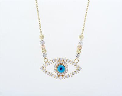 שרשרת זהב ''עין'' משובצת זרקונים וכדורי זהב